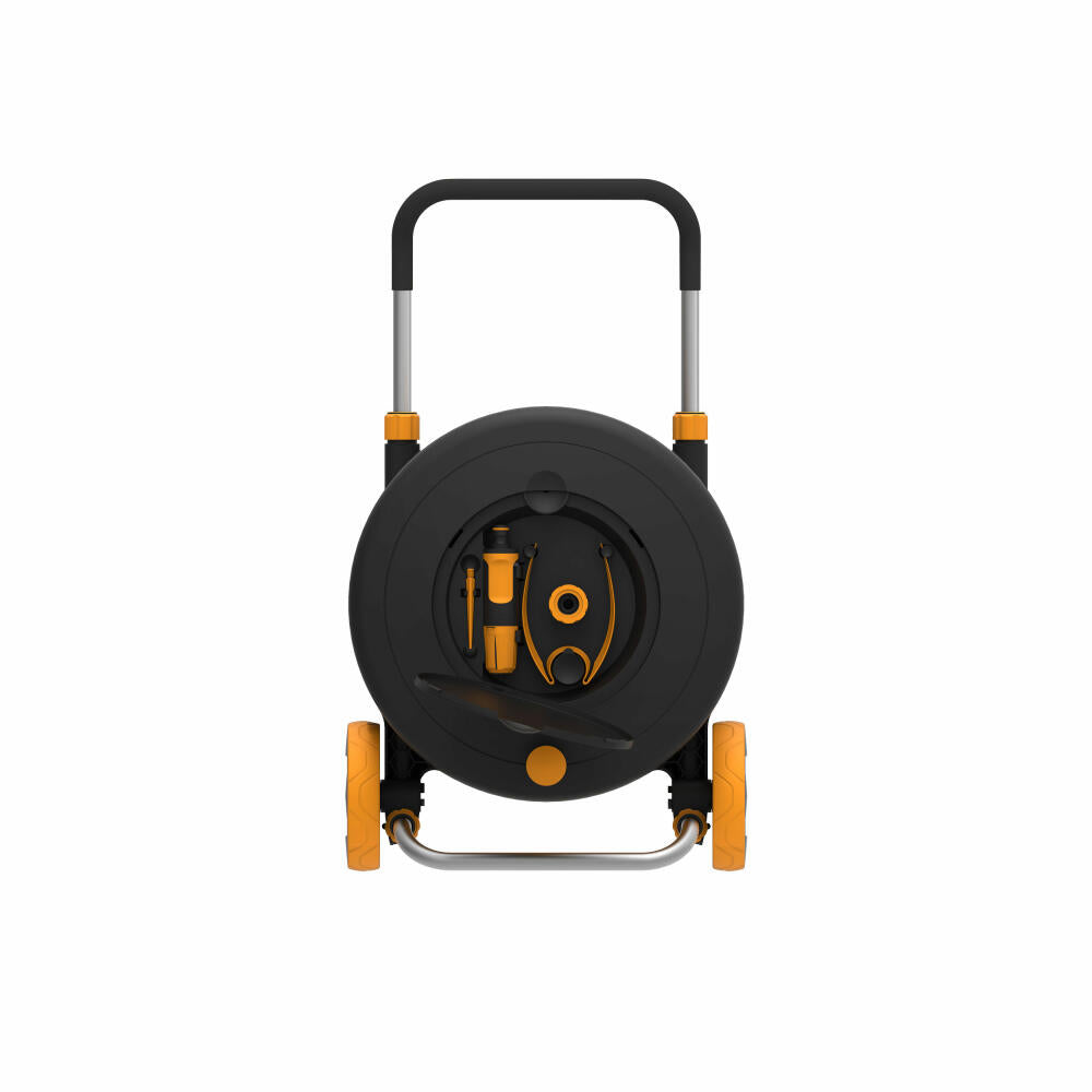 Fiskars Waterwheel L mit 30 m Schlauch, Schlauchrolle, Gartenschlauchbehälter, Kunststoff, Schwarz, Orange, 1023644