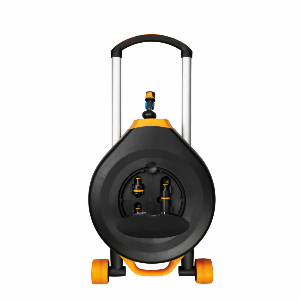 Fiskars Waterwheel XL mit Rädern, Schlauchrolle, Gartenschlauchbehälter, Kunststoff, Schwarz, Orange, 1025933