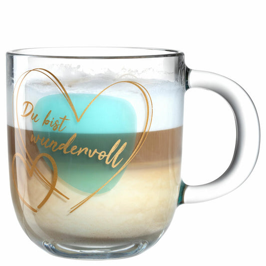 Leonardo Tasse Emozione Du bist wundervoll, Henkelbecher, Kalk-Natron-Glas, Türkis, 400 ml, 033231
