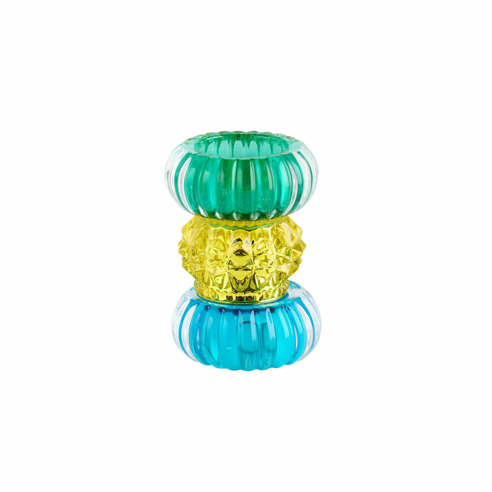 Gift Company tealight holder Sari round, candle holder, crystal glass, blue, yellow, green, 11.5 cm, 1093901010