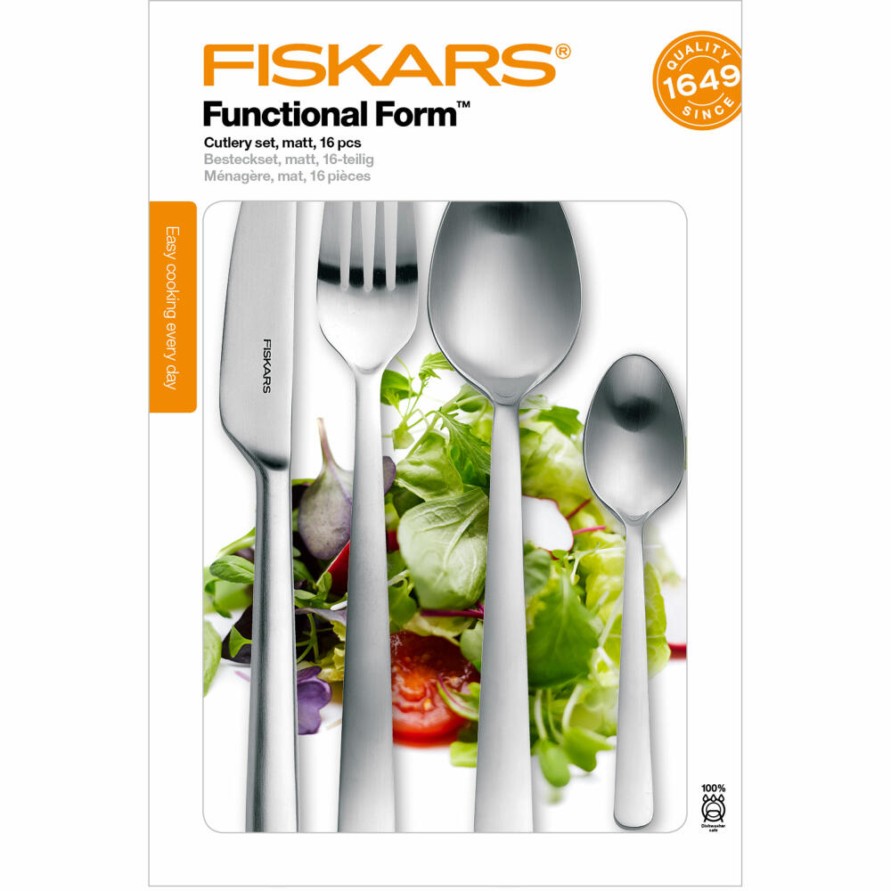 Fiskars Functional Form Besteckset, 16-tlg., Besteck, Messer, Gabel, Löffel, Teelöffel, Edelstahl Matt, 1002958