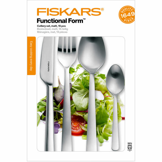 Fiskars Functional Form cutlery set, 16 pcs., cutlery, knife, fork, spoon, teaspoon, stainless steel matt, 1002958