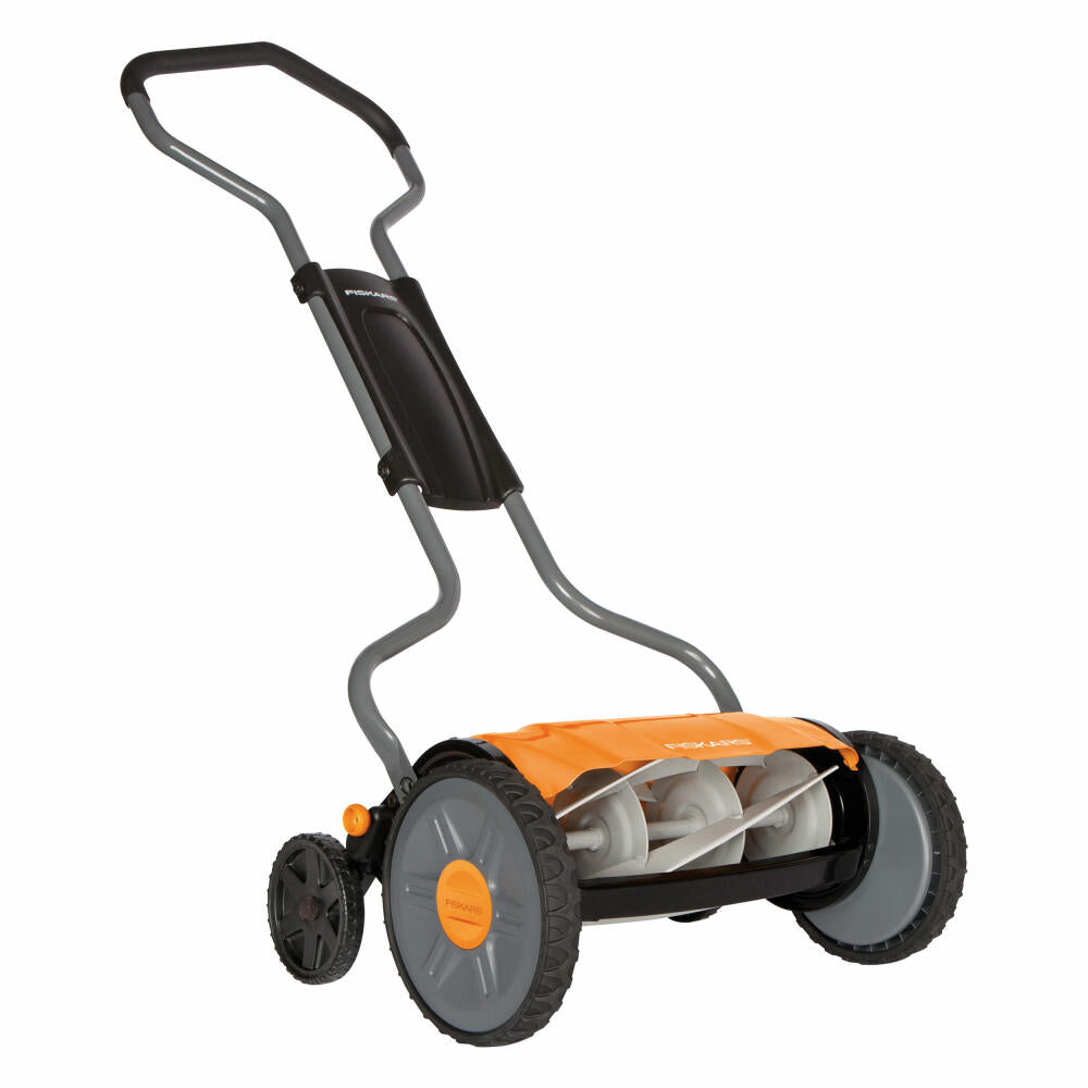 Fiskars StaySharp Plus Spindelmäher, Spindel Mäher, Gartenmäher, Gartenzubehör, Stahl, Schwarz / Orange, 160 cm, 1015649