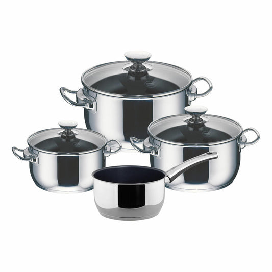 Berndes Injoy Special Edition cooking pot set, 7-piece, pot set, cooking pot with glass lid, saucepan, non-stick coating, stainless steel, silver / black, 063101