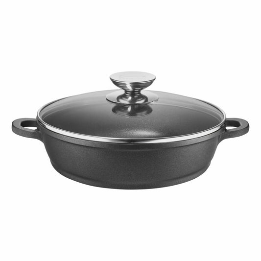 Berndes Vario Click Induction casserole dish with glass lid, casserole dish, serving pan, non-stick coating, cast aluminum, black, Ø 28 cm, 031167