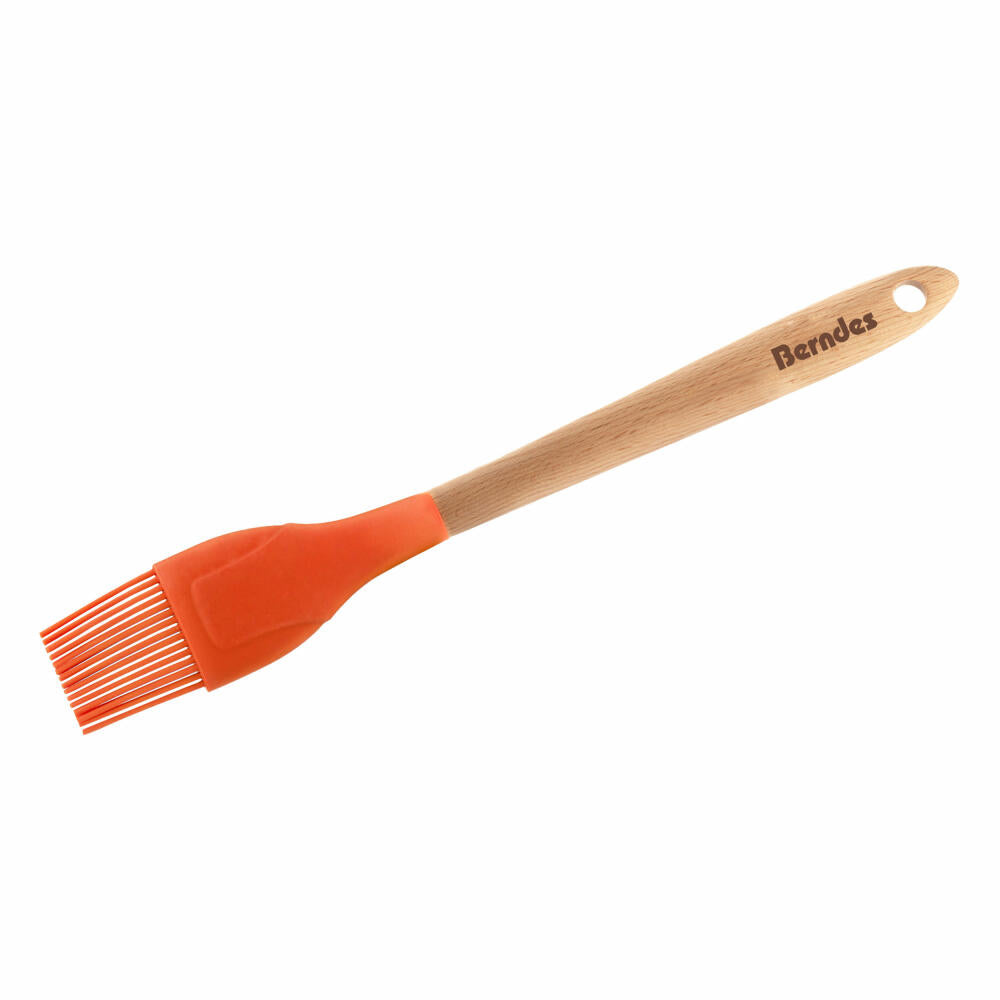 Berndes Küchenhelfer Küchenpinsel mit Holzstiel, Kochpinsel, Backpinsel, Silikon, Orange / Braun, 29 cm, 009039