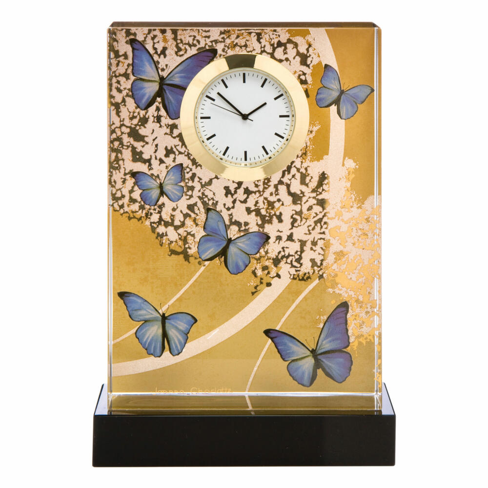 Goebel Artis Orbis Blue Butterflies Table Clock, Joana Charlotte, Table Clock, Grandfather Clock, with Battery, Crystal Glass, 15.5 cm, 26150631