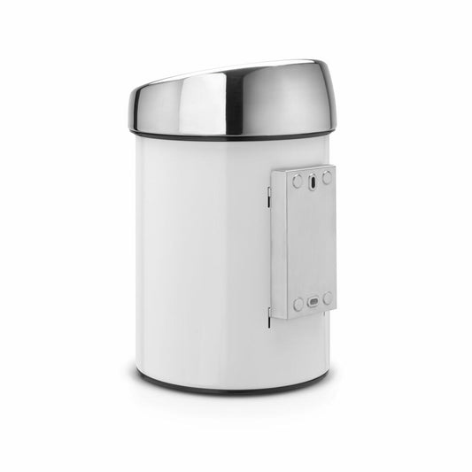 Brabantia Touch Bin, Mülleimer, Abfalleimer, Papierkorb mit Kunststoffeinsatz, Wandhalterung, Deckel Brilliant Steel, White, Weiß, 3 L, 364488