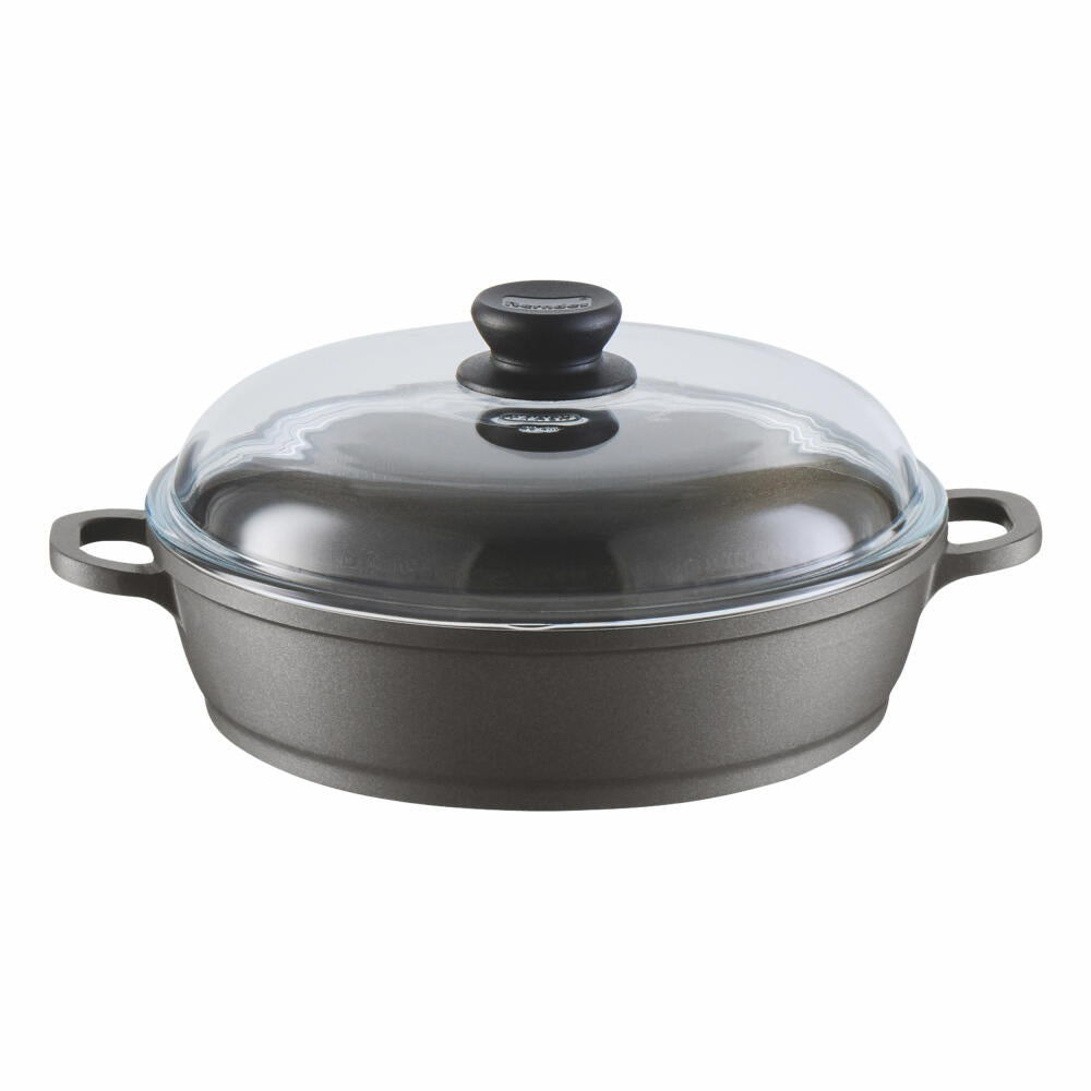 Berndes Bonanza Induction casserole dish with glass lid, casserole dish, serving pan, non-stick coating, cast aluminum, gray, Ø 28 cm, 071285