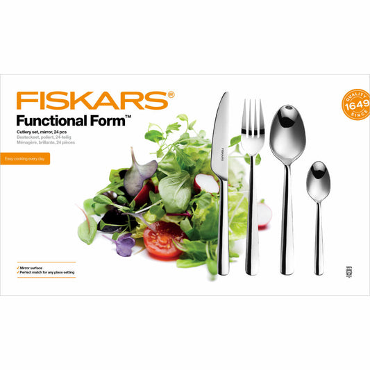 Fiskars Functional Form Besteckset, 24-tlg., Besteck, Messer, Gabel, Löffel, Teelöffel, Edelstahl Poliert, 29 cm, 1002949