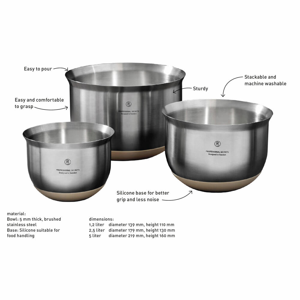 Professional Secrets Mixing Bowl Set, 3-piece, Mixing Bowls, Stainless Steel, 1.2 L + 2.5 L +5 L, 1068