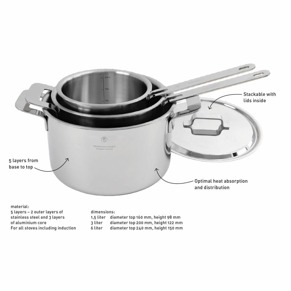 Professional Secrets cooking pot set, saucepan, cooking pot, with lid, steel, aluminum, 6-piece, 1069