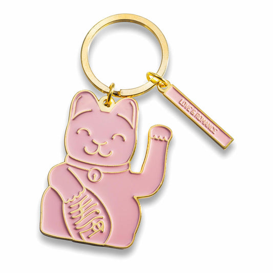 Donkey Products Lucky Cat Key Ring Pink, Schlüsselanhänger, Schlüsselring, Motiv Winkekatze, Talisman Katze, Maneki Neko, Liebe und Romantik, Messing, Pink / Goldfarben, ca. 12.5 cm, 400932