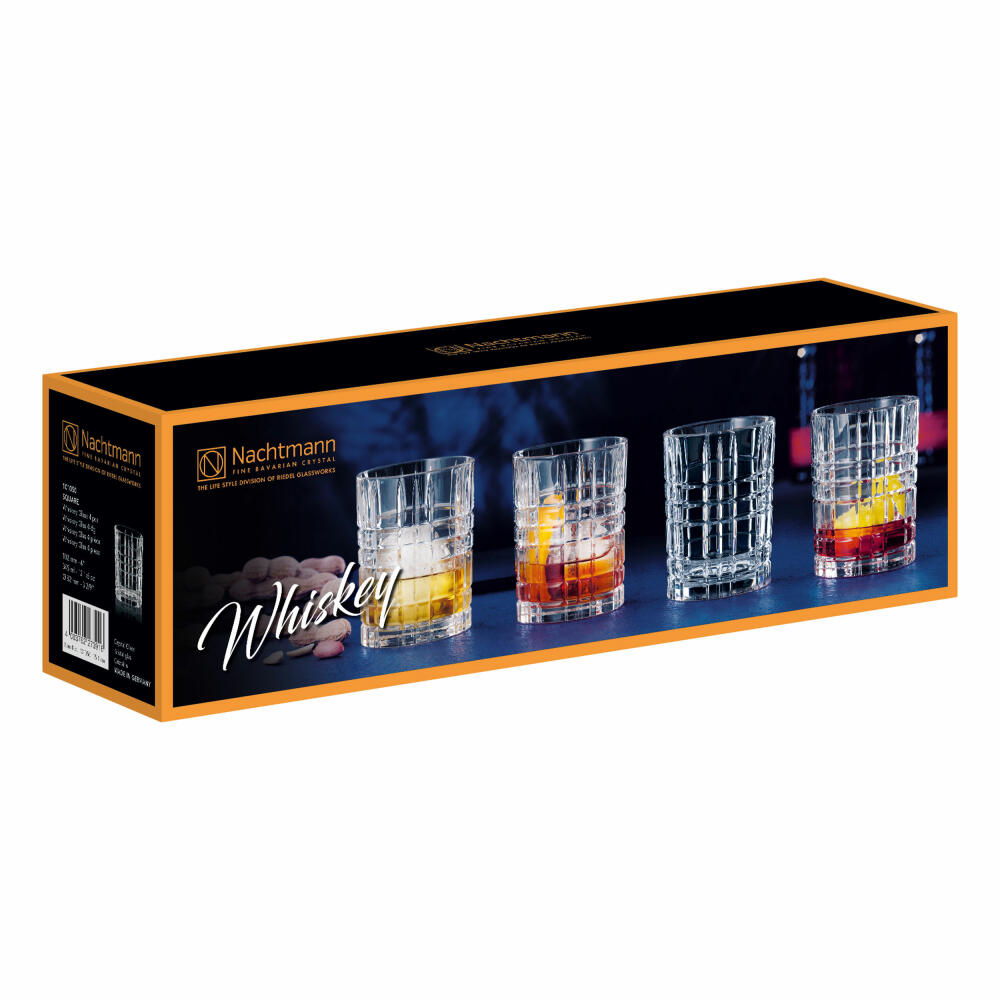 Nachtmann Square Whiskey, 4er Set, Whiskyglas, Whiskybecher, Trinkglas, Kristallglas, 345 ml, 101050