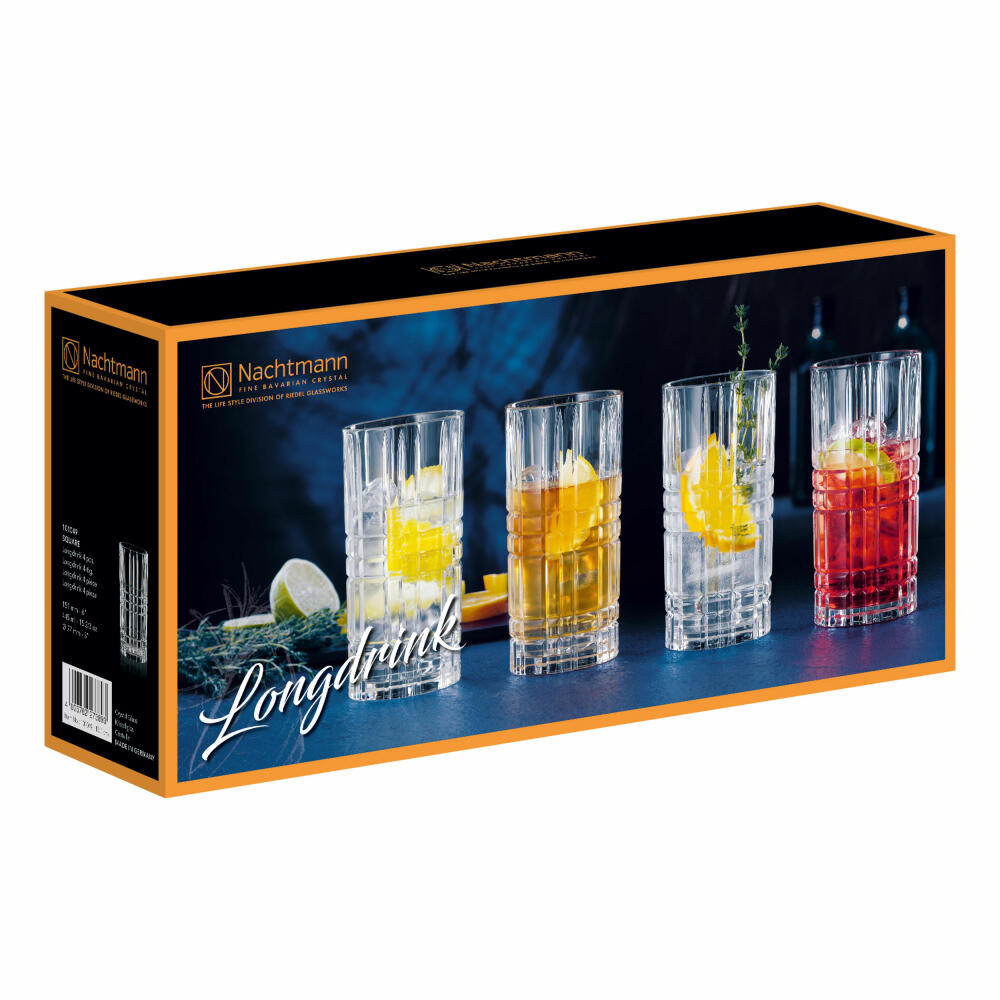 Nachtmann Square Longdrink, 4er Set, Longdrinkglas, Trinkglas, Kristallglas, 445 ml, 101049