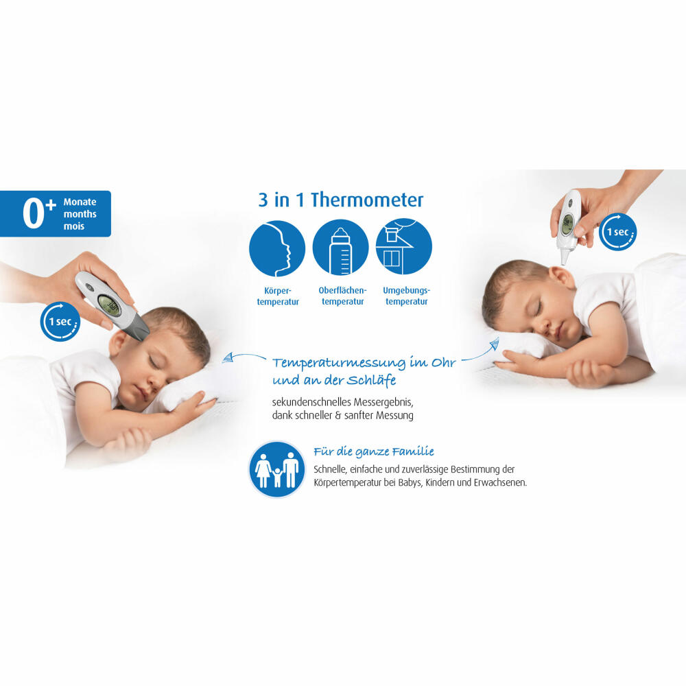 reer Skintemp 3in1 Infrarot-Thermometer, Digitales Fieberthermometer, Fieber Messgerät, für Babys und Erwachsene, 98020