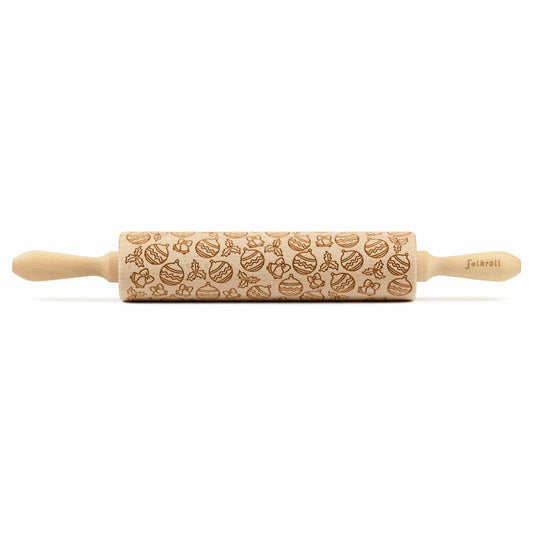 Folkroll motif rolling pin Christmas tree balls, large, 43 cm, rolling pin, embossing roller, pattern, roll, beech wood, 230924