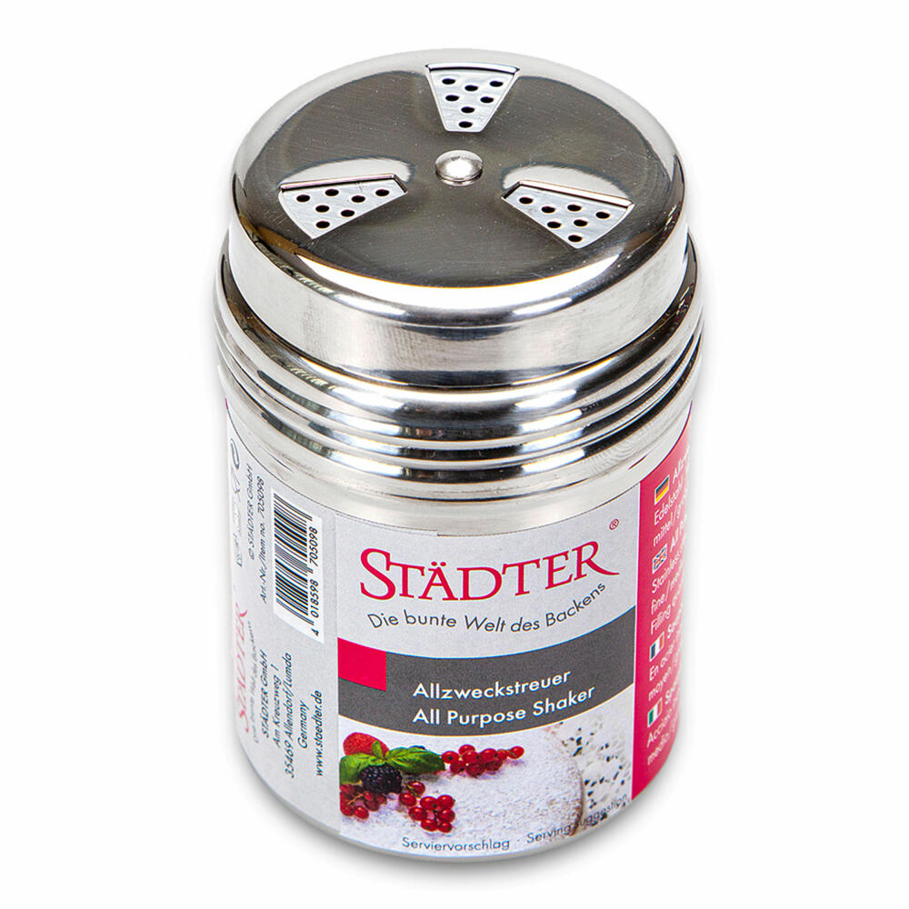 Städter all-purpose shaker, spice shaker, sugar shaker, salt, cocoa, parmesan, for 150 g, stainless steel, 705098