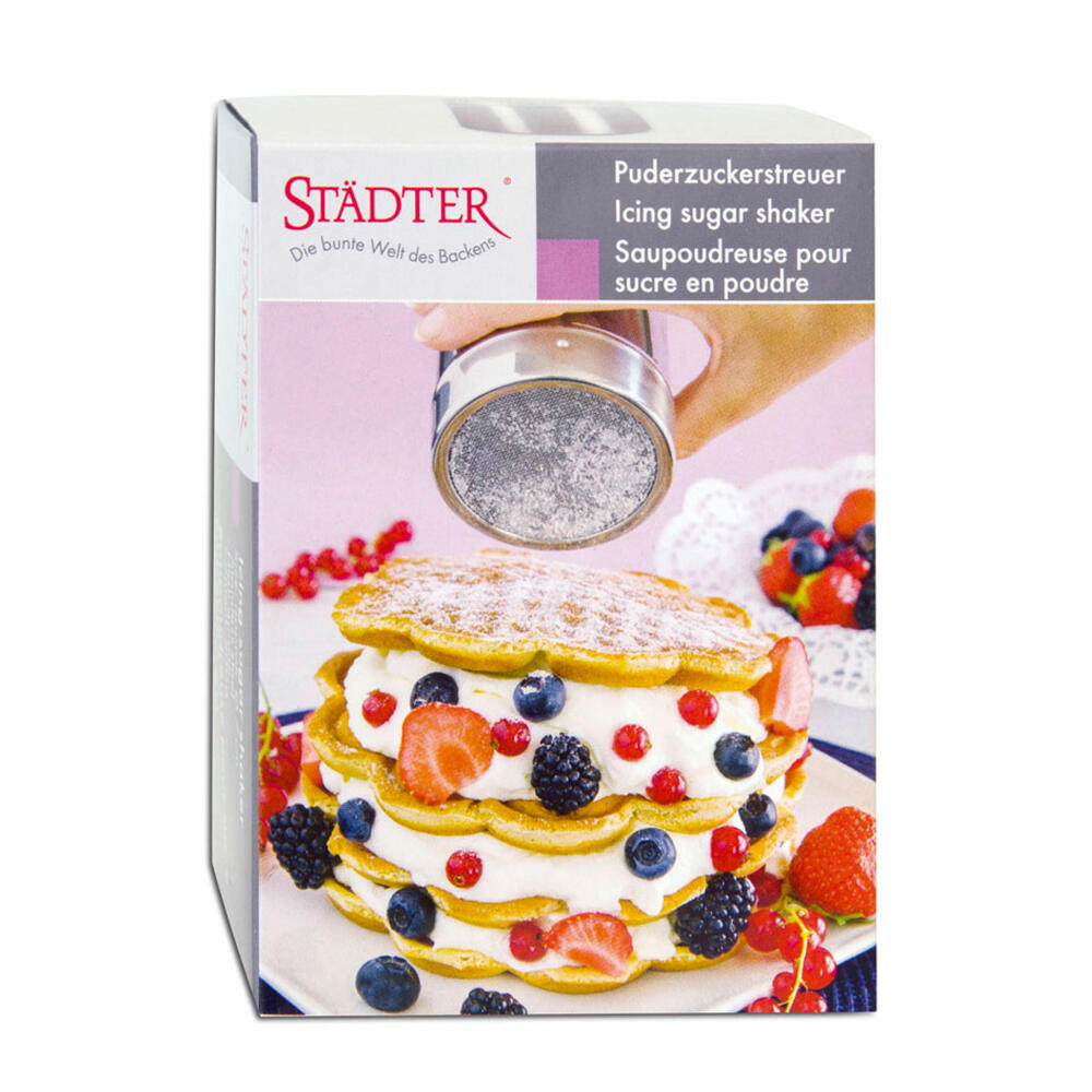 Städter powdered sugar shaker with lid, powdered sugar shaker, sugar shaker, cocoa, stainless steel, Ø 7 cm / H 9 cm, 705159