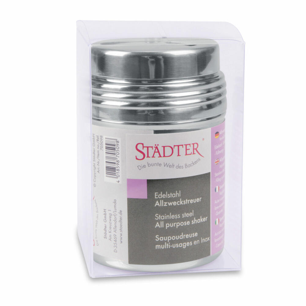 Städter all-purpose shaker, spice shaker, sugar shaker, salt, cocoa, parmesan, for 150 g, stainless steel, 705098