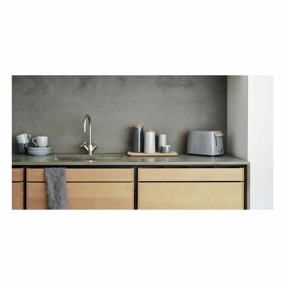 Stelton Emma Toaster, Brotröster mit Bagelfunktion und Auftaufunktion, Stahl / Kunststoff / Holz, Grau, 30.5 cm, x-222-1