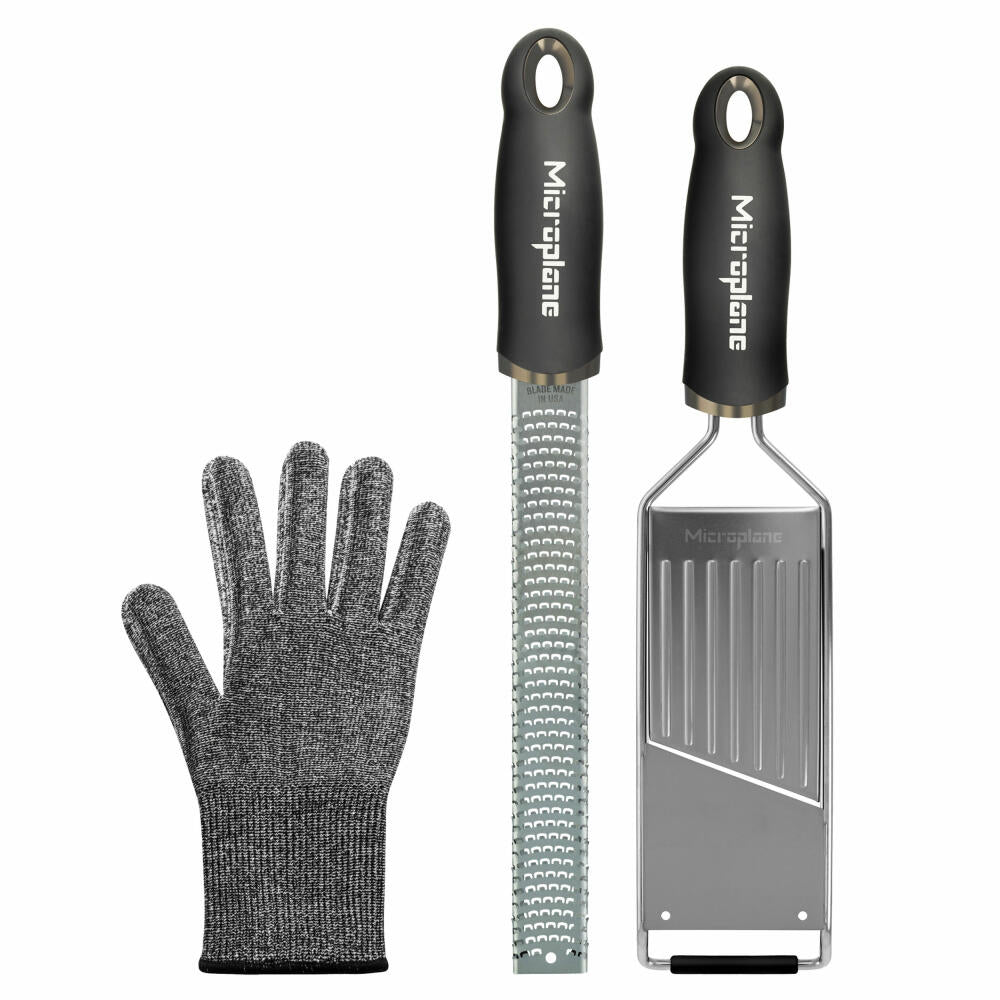 Microplane Gourmet Gift Set 3-piece, with Classic Zester, Professional Vegetable Slicer and Cutting Glove, 36179