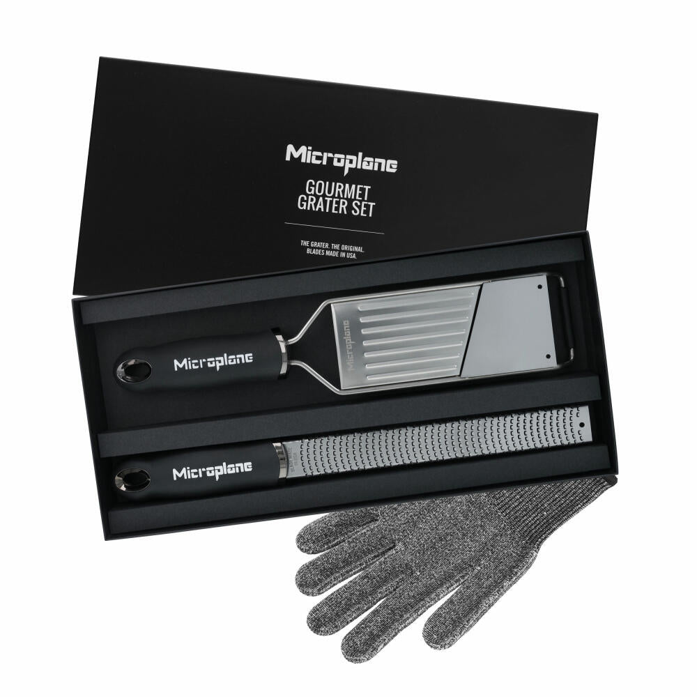 Microplane Gourmet-Geschenkset 3-tlg., mit Classic Zester, Profi-Gemüsehobel und Schnitthandschuh, 36179