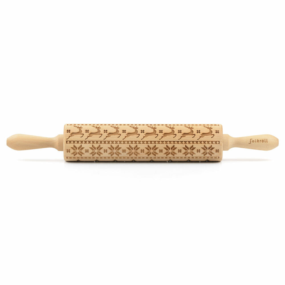 Folkroll rolling pin Scandinavia Christmas, large, 43 cm, rolling pin, embossing roll, pattern, motif, roll, beech wood, 330388