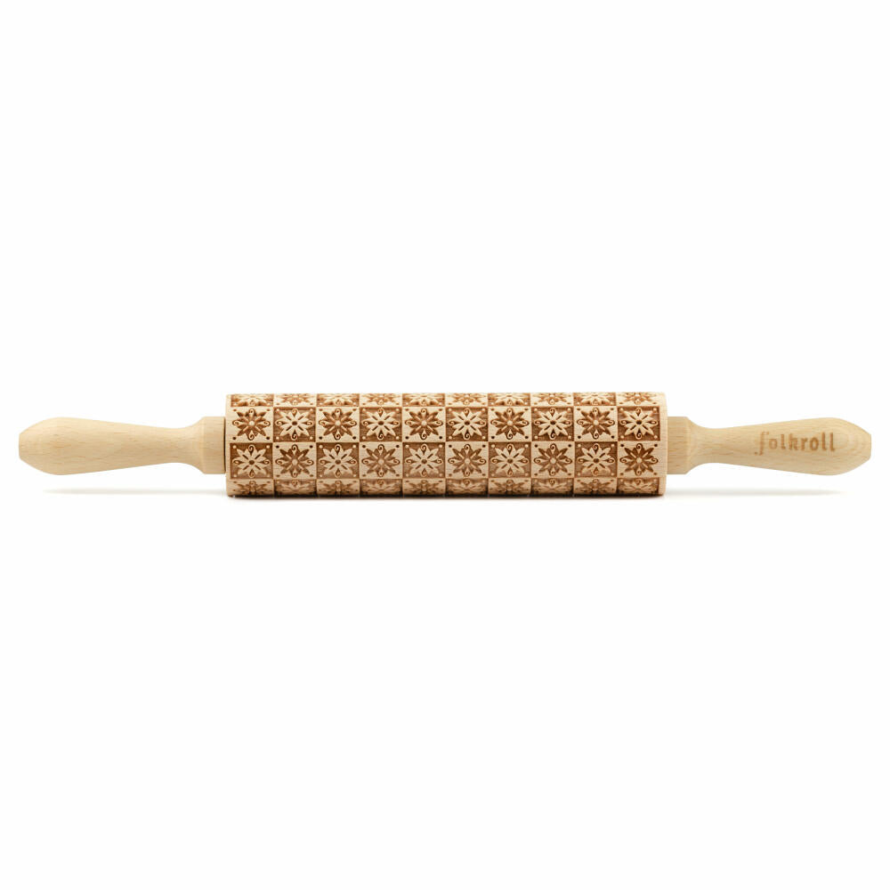 Folkroll motif rolling pin flower chessboard, medium, 37 cm, rolling pin, embossing roller, pattern, roll, beech wood, 231051