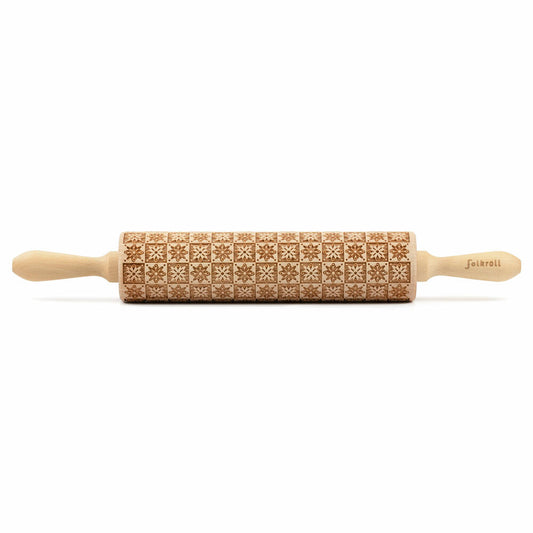 Folkroll motif rolling pin flower chessboard, large, 43 cm, rolling pin, embossing roller, pattern, roll, beech wood, 231044