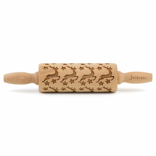 Folkroll rolling pin reindeer stars, junior, 23 cm, rolling pin, embossing roll, pattern, motif, roll, beech wood, 330470