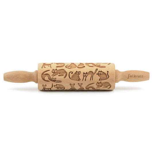 Folkroll rolling pin cats, junior, 23 cm, rolling pin, embossing roll, pattern, motif, roll, beech wood, 330531