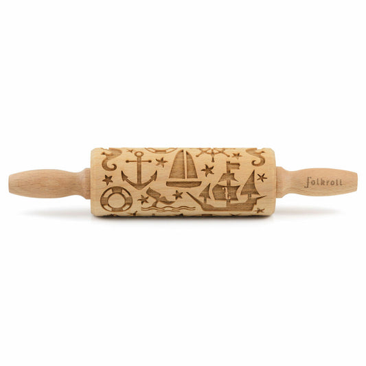 Folkroll rolling pin Maritim, junior, 23 cm, rolling pin, embossed roll, pattern, motif, roll, beech wood, 330593