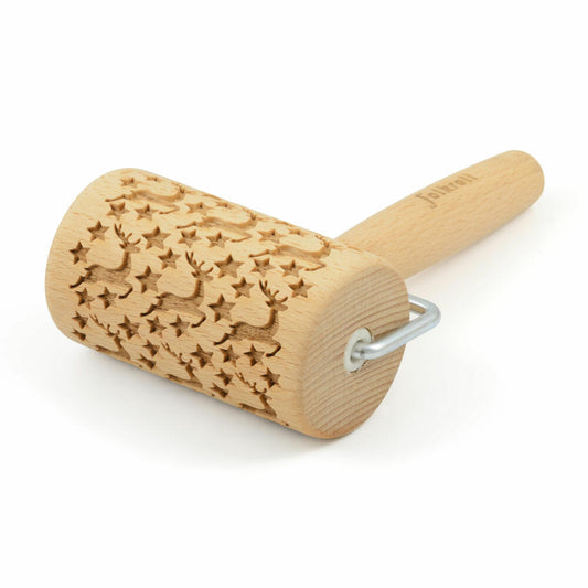 Folkroll rolling pin reindeer stars, mini, 9.5 cm, rolling pin, embossing roll, pattern, motif, roll, beech wood, 330678