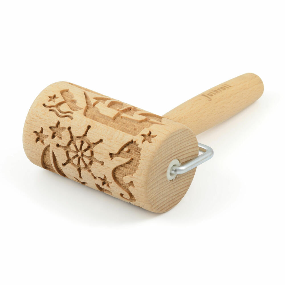 Folkroll rolling pin Maritime, mini, 9.5 cm, rolling pin, embossed roll, pattern, motif, roll, beech wood, 330791