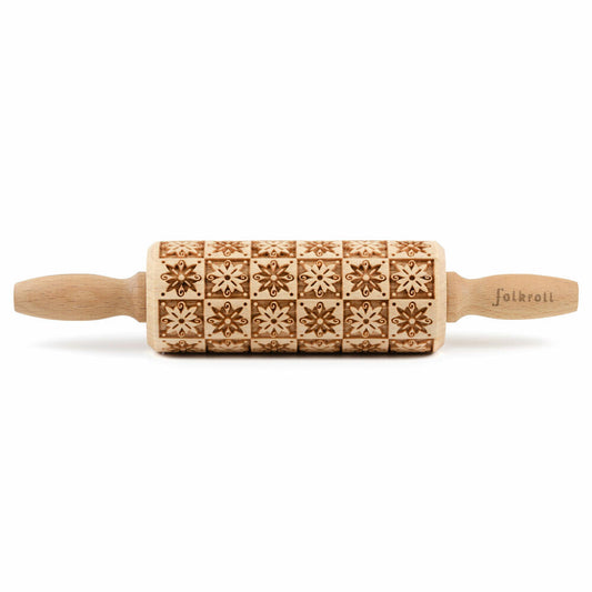 Folkroll motif rolling pin flower chessboard, junior, 23 cm, rolling pin, embossing roller, pattern, roll, beech wood, 231068