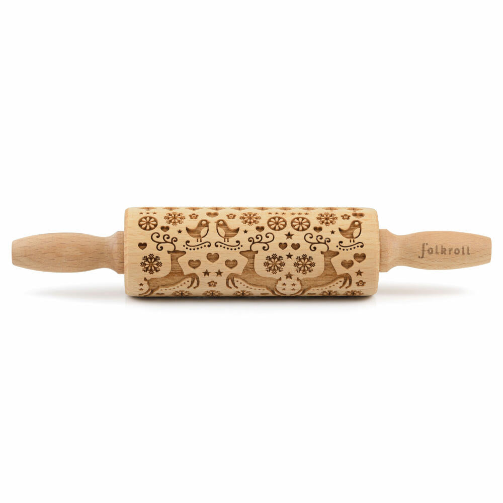 Folkroll rolling pin reindeer Christmas, junior, 23 cm, rolling pin, embossing roll, pattern, motif, roll, beech wood, 330487