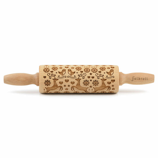 Folkroll rolling pin reindeer Christmas, junior, 23 cm, rolling pin, embossing roll, pattern, motif, roll, beech wood, 330487