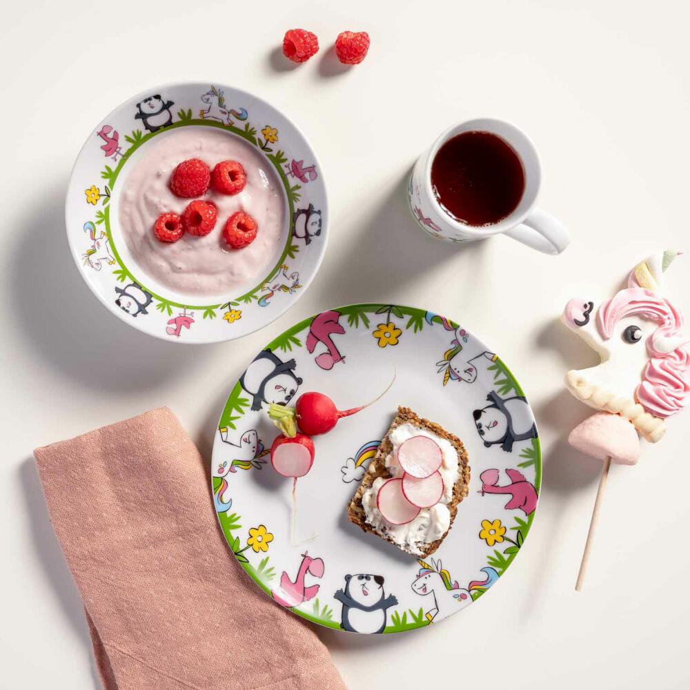 Leonardo Kindergeschirr Bambini 3-tlg. Einhorn Panda Flamingo, Porzellan, Mehrfarbig, 023151