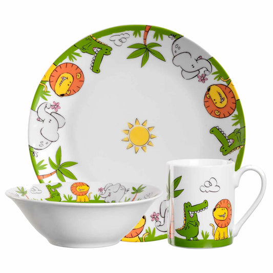 Leonardo Kindergeschirr Bambini 3-tlg. Krokodil Elefant Löwe, Porzellan, Mehrfarbig, 023152