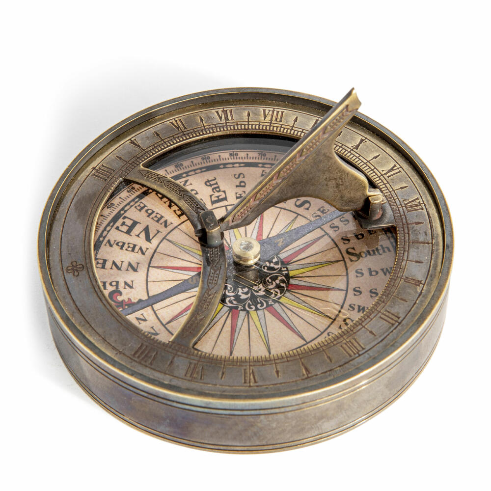 Authentic Models Sundial with Compass 18th Century Style, Pocket Compass, Brass, Glass, CO012A