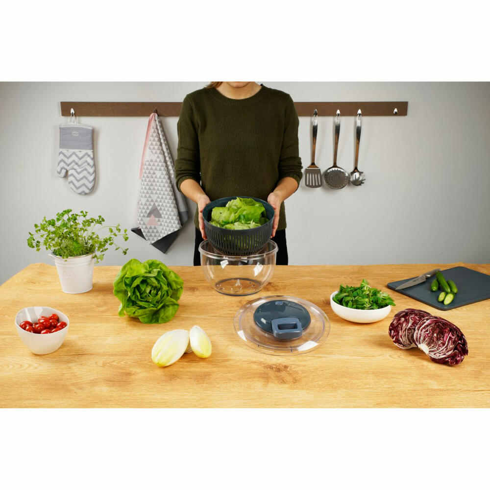 Fackelmann easyprepare Salatschleuder, Salat Schleuder, mit Seilzug, Küchenhelfer, Kunststoff, Blau-Grau, Ø 24.5 cm, 27923
