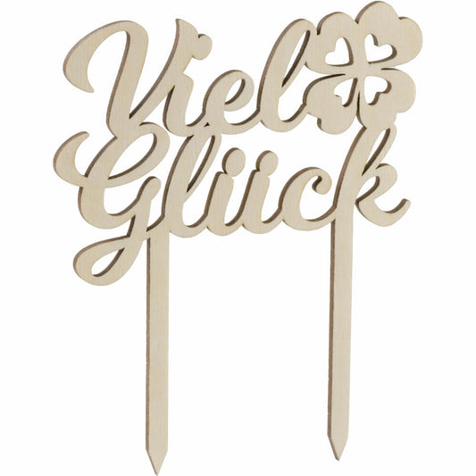 Folkroll Tortenstecker mit Schriftzug Viel Glück, Tortentopper, Cake Topper, Kuchendeko, Birkensperrholz, 339787