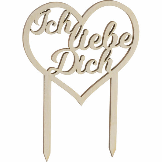 Folkroll Tortenstecker mit Schriftzug Ich liebe dich, Tortentopper, Cake Topper, Kuchendeko, Birkensperrholz, 339770