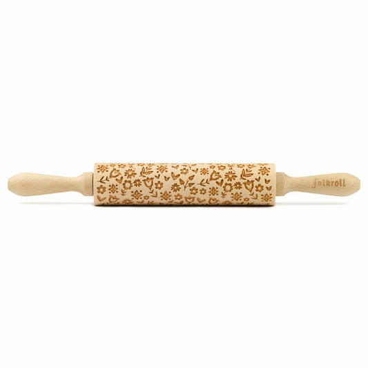 Folkroll rolling pin Flower Power, medium, 37 cm, rolling pin, embossing roller, pattern, motif, roll, beech wood, 339978