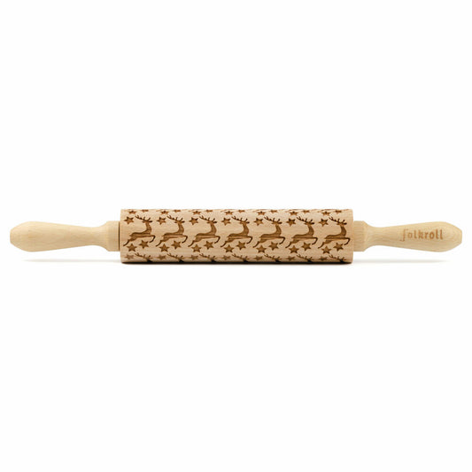 Folkroll rolling pin reindeer stars, medium, 37 cm, rolling pin, embossing roll, pattern, motif, roll, beech wood, 339909