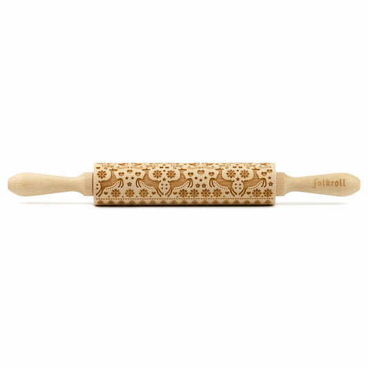 Folkroll rolling pin reindeer Christmas, medium, 37 cm, rolling pin, embossing roller, pattern, motif, roll, beech wood, 339916