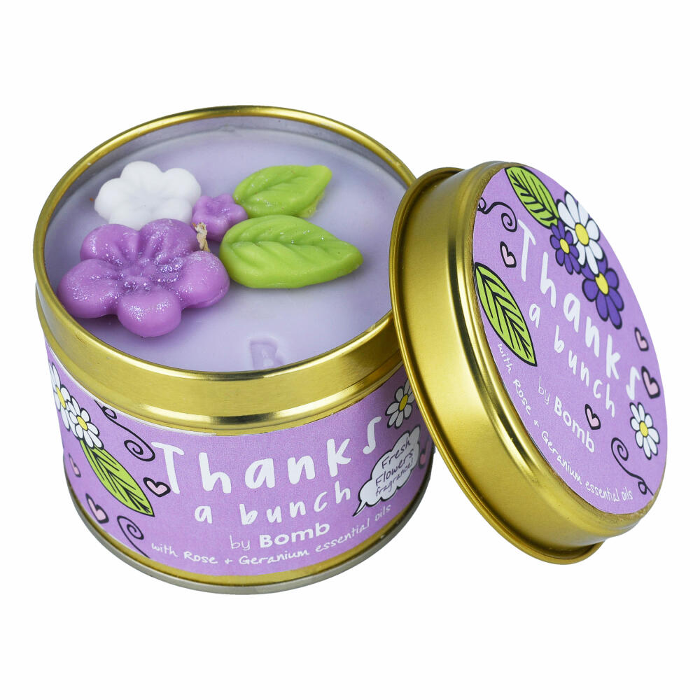 Bomb Cosmetics scented candle Scent Stories in Tin Thanks a Bunch, can candle, purple, PTHABUN04