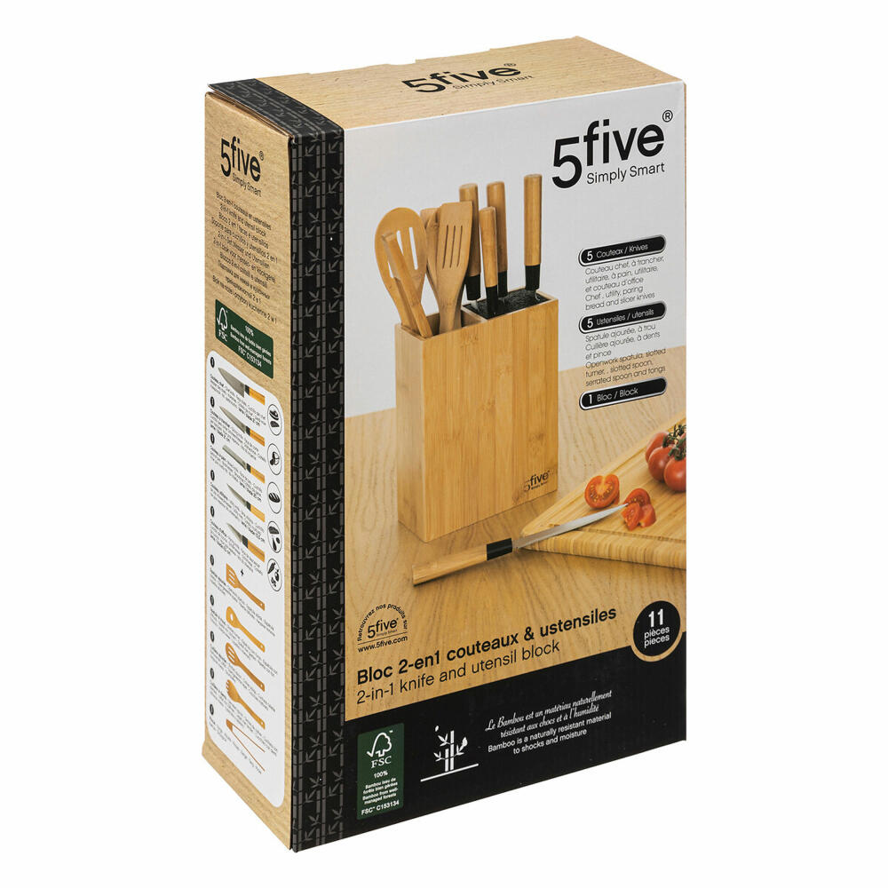 5five Simply Smart Kitchen Organizer with Accessories 11-piece, Knife Block with 5 Knives, Bamboo, Steel, 189690