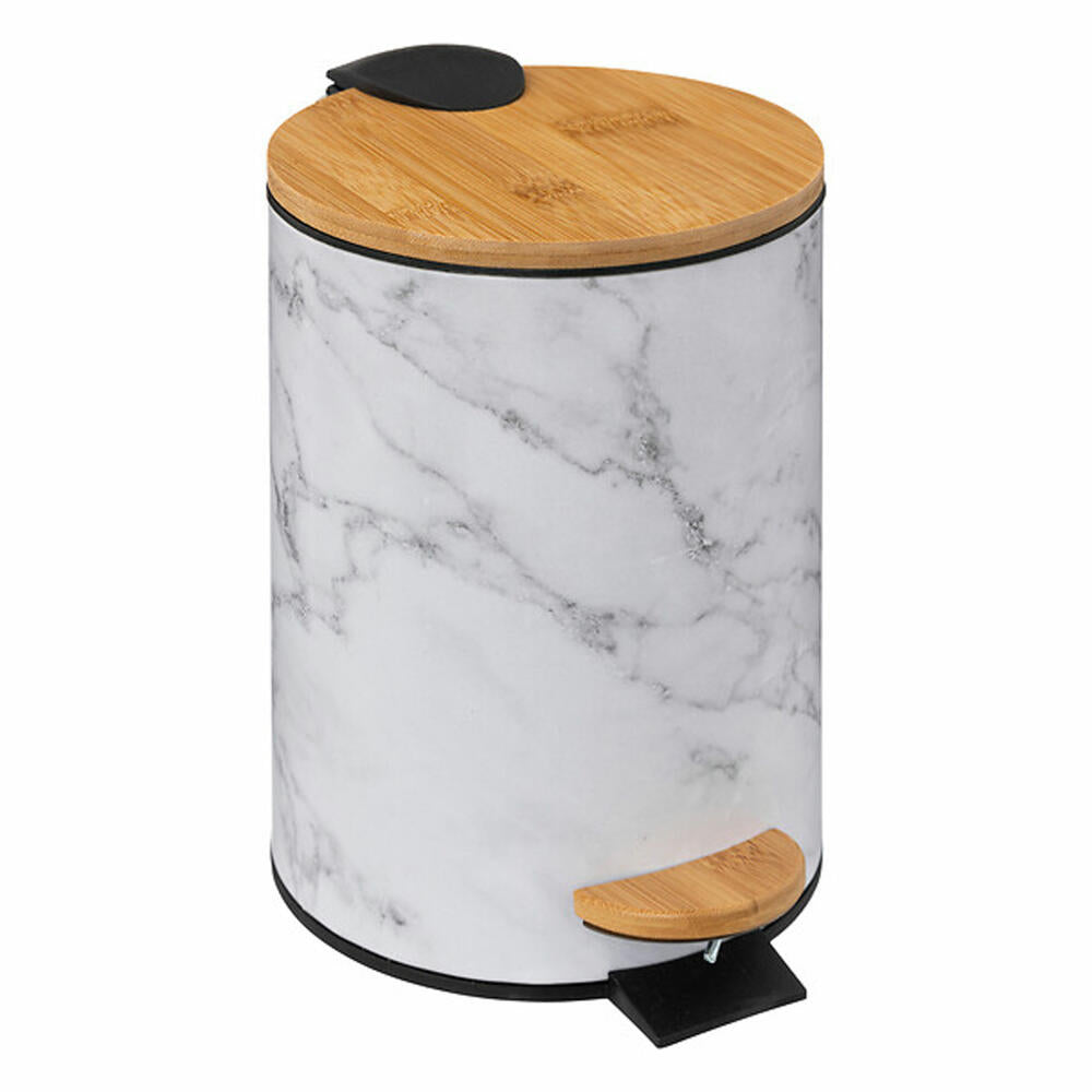 5five Simply Smart waste bin Lea, cosmetic bin with soft close, tinplate, plastic, bamboo, white marbled, 3 L, 174995